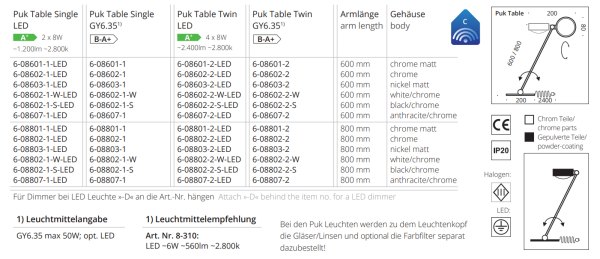 Top Light LED Tischleuchte "Puk Table Single" 60cm, Sepia / Chrom