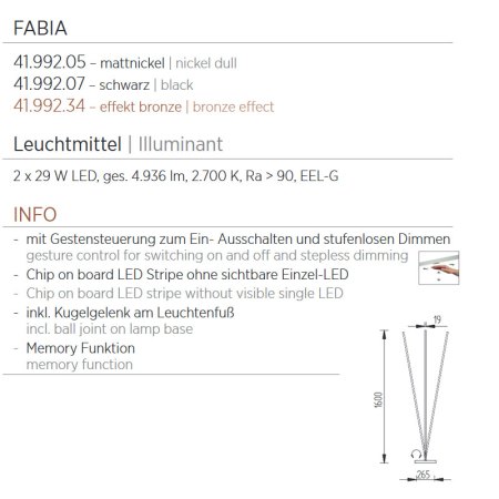 Preview: Knapstein LED floor lamp Fabia matt nickel 41.992.05 gesture control