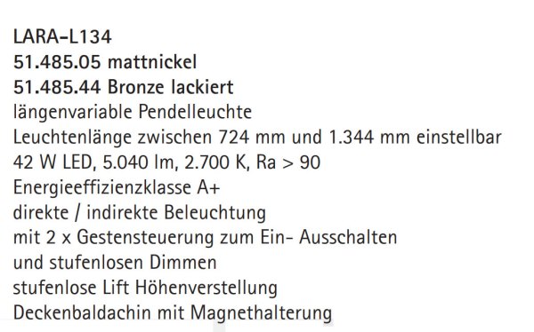 Exhibition piece - Knapstein Lara 134 51.485.05 LED pendant luminaire - 72.5 cm to 134 cm extendable top/bottom light gesture control lift dimmable - matt nickel