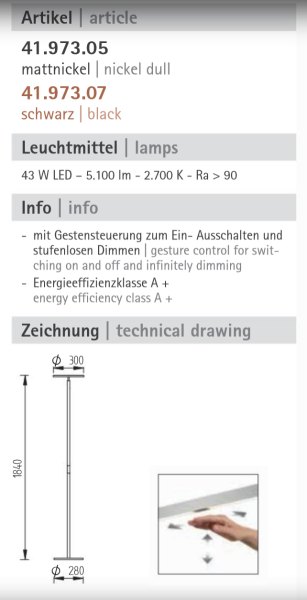 Knapstein Aura Nickelmatt 41.973.05 LED Deckenfluter Gestensteuerung