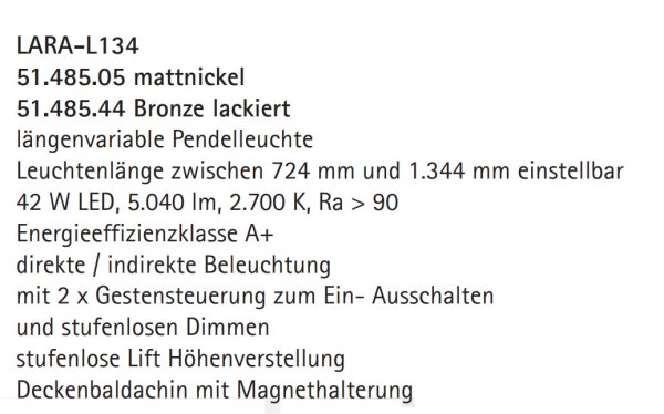 Knapstein Lara-L 134 mattnickel LED-Pendelleuchte ausziehbar 72,5-134,5 cm Gestensteuerung dimmbar Lift