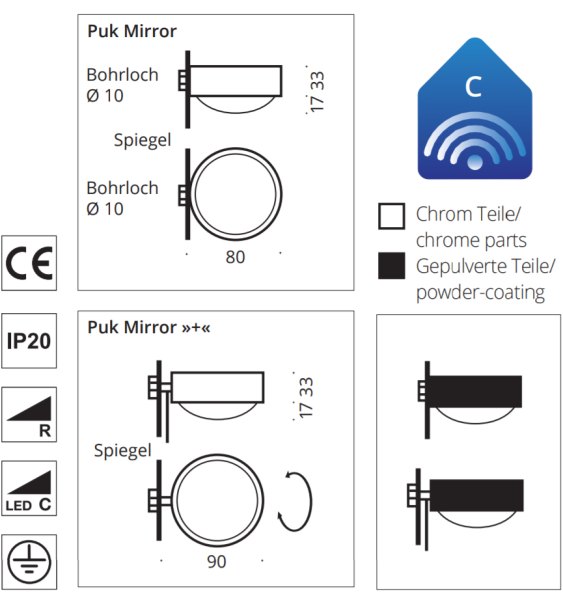PUK MIRROR LED various colors Top Light